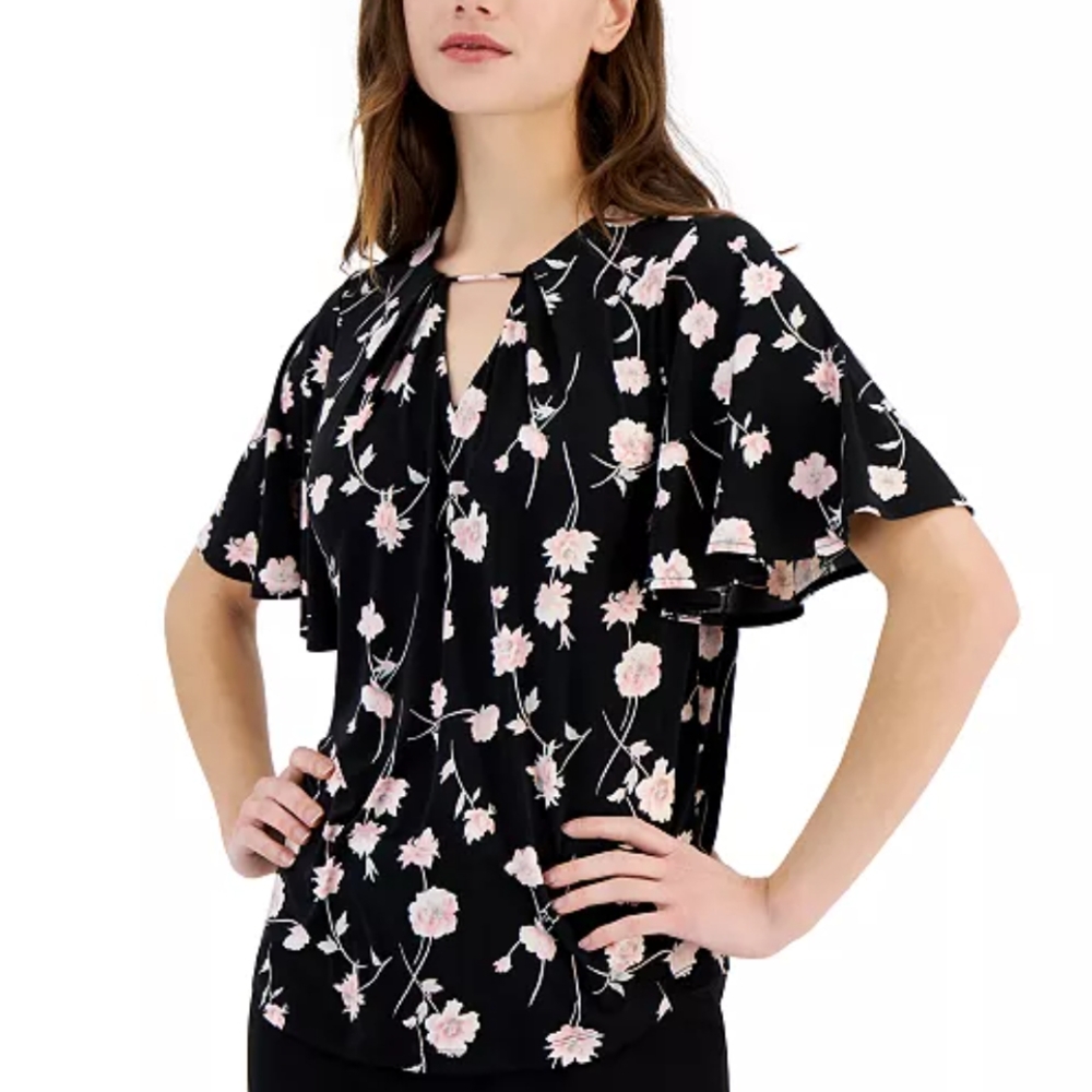 NWOT Anne Klein Floral Black and Pink Women's Flutter Sleeve Top